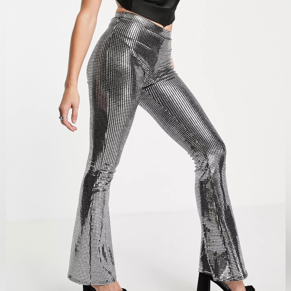 ASOS DESIGN chainmail sequin slim flare pants in silver, size 0